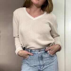 Vintage Cotton Mini Heart Print V Neck Sweater